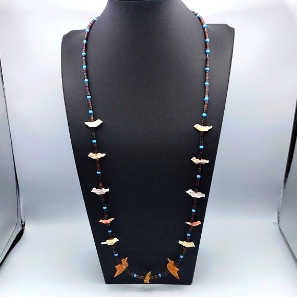 Amazing 28" Heishi Shell MOP Gemstone Bead Bird Fetish Necklace Silver 925 Clasp